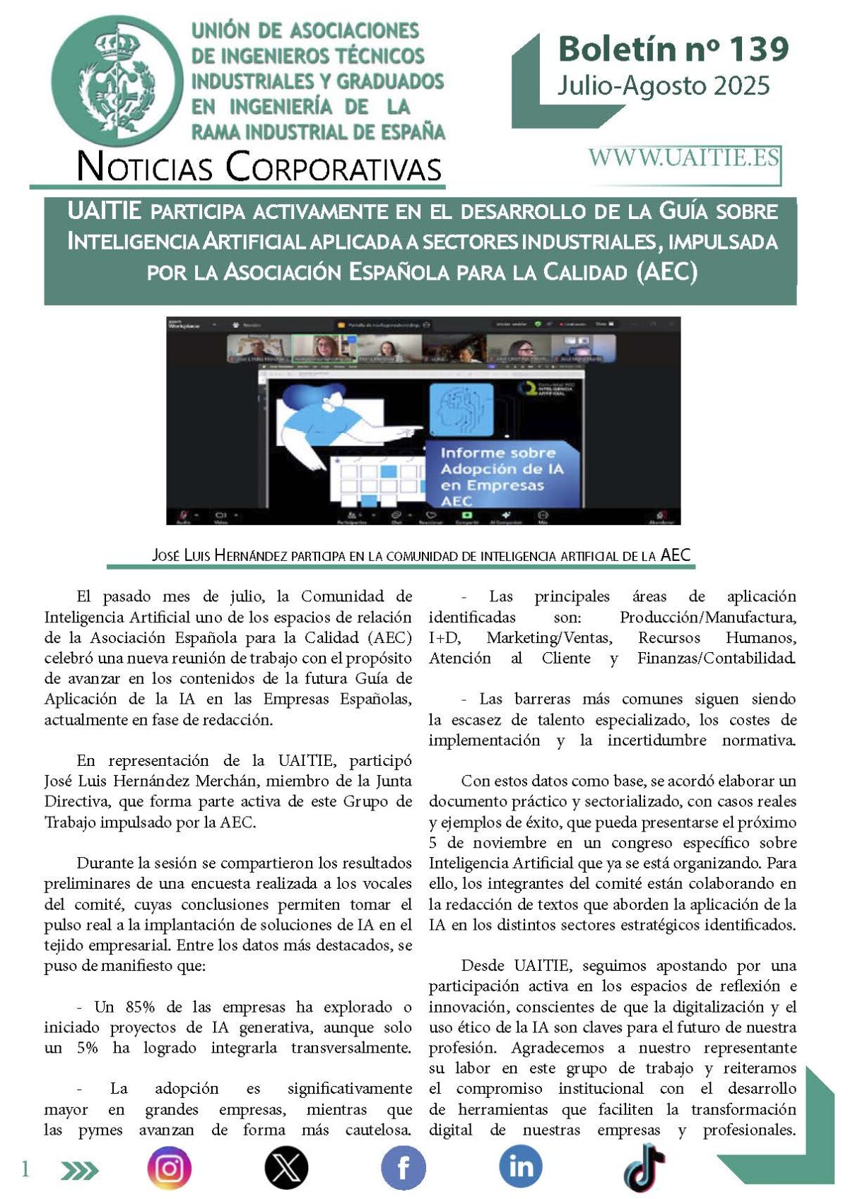 Boletín Informativo UAITIE 139 (julio/agosto 2025)